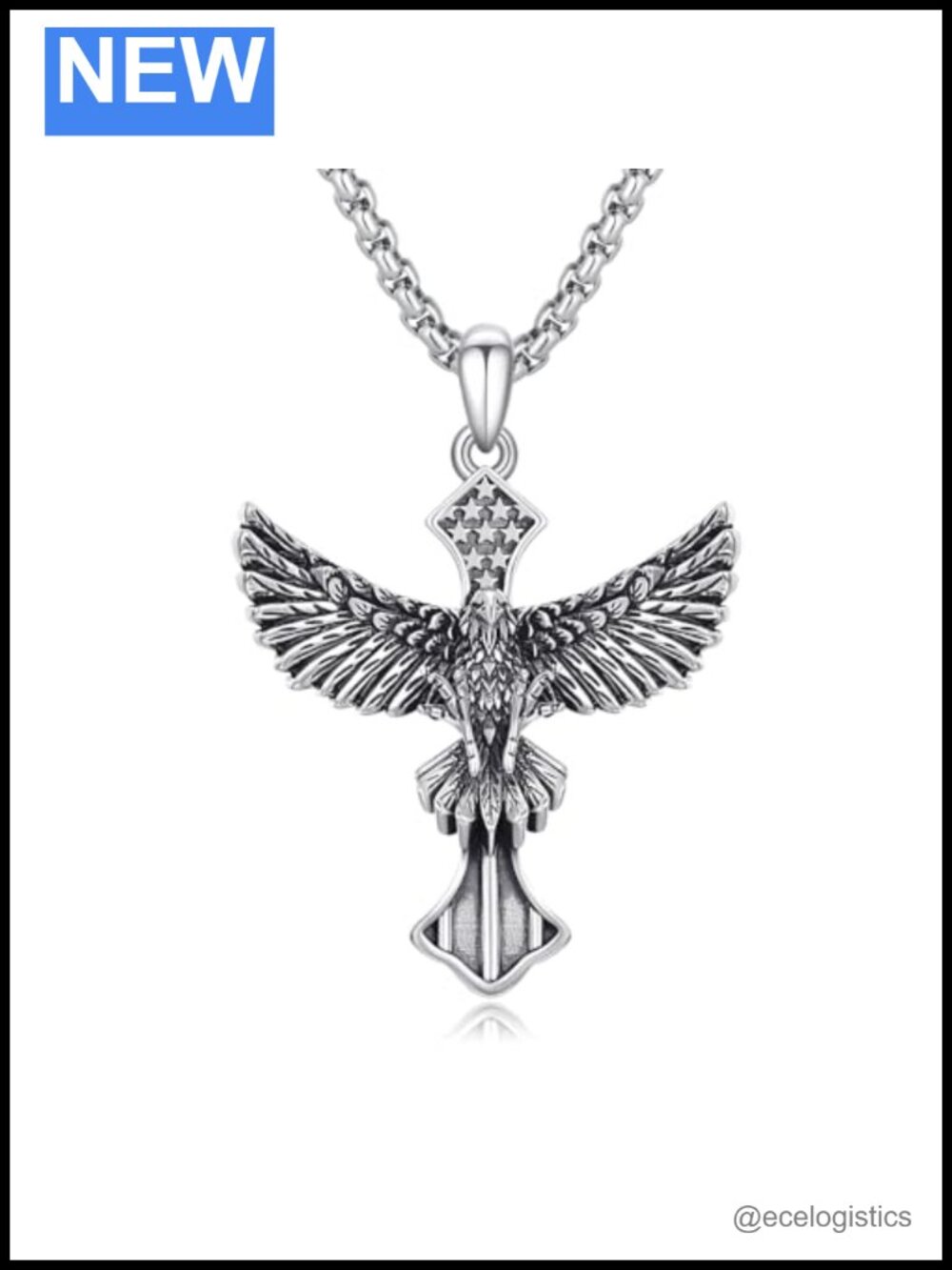 925 Sterling Silver Eagle Cross Necklace American Flag Patriotic Pendant 20in